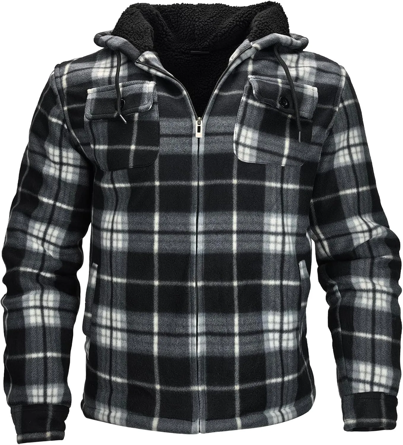 Men's Flannel Jacket Hoodie Full Zip Up Plaid Thick Fleece Sherpa Lined Sweatshirt Winter Warm Coats