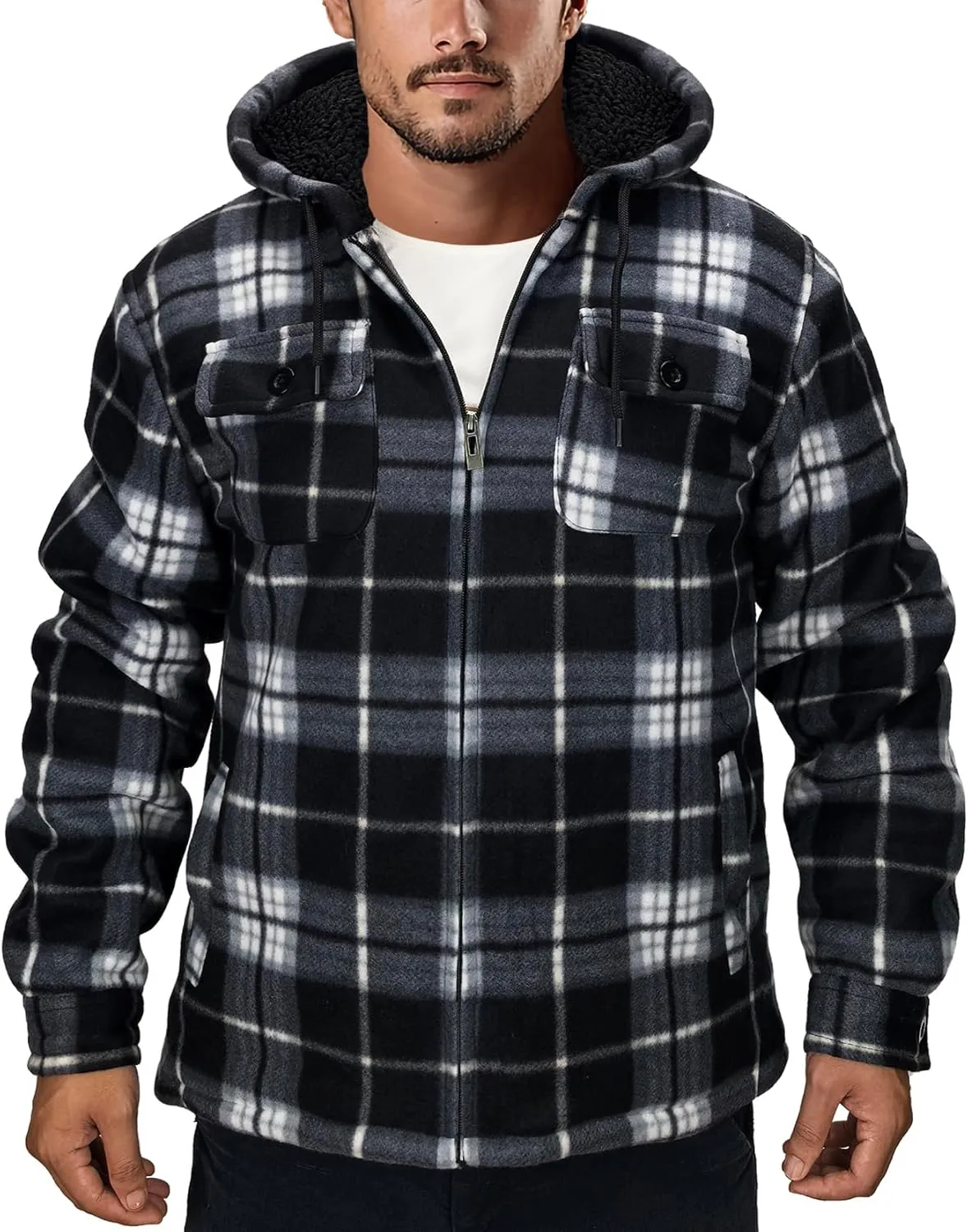 Men's Flannel Jacket Hoodie Full Zip Up Plaid Thick Fleece Sherpa Lined Sweatshirt Winter Warm Coats