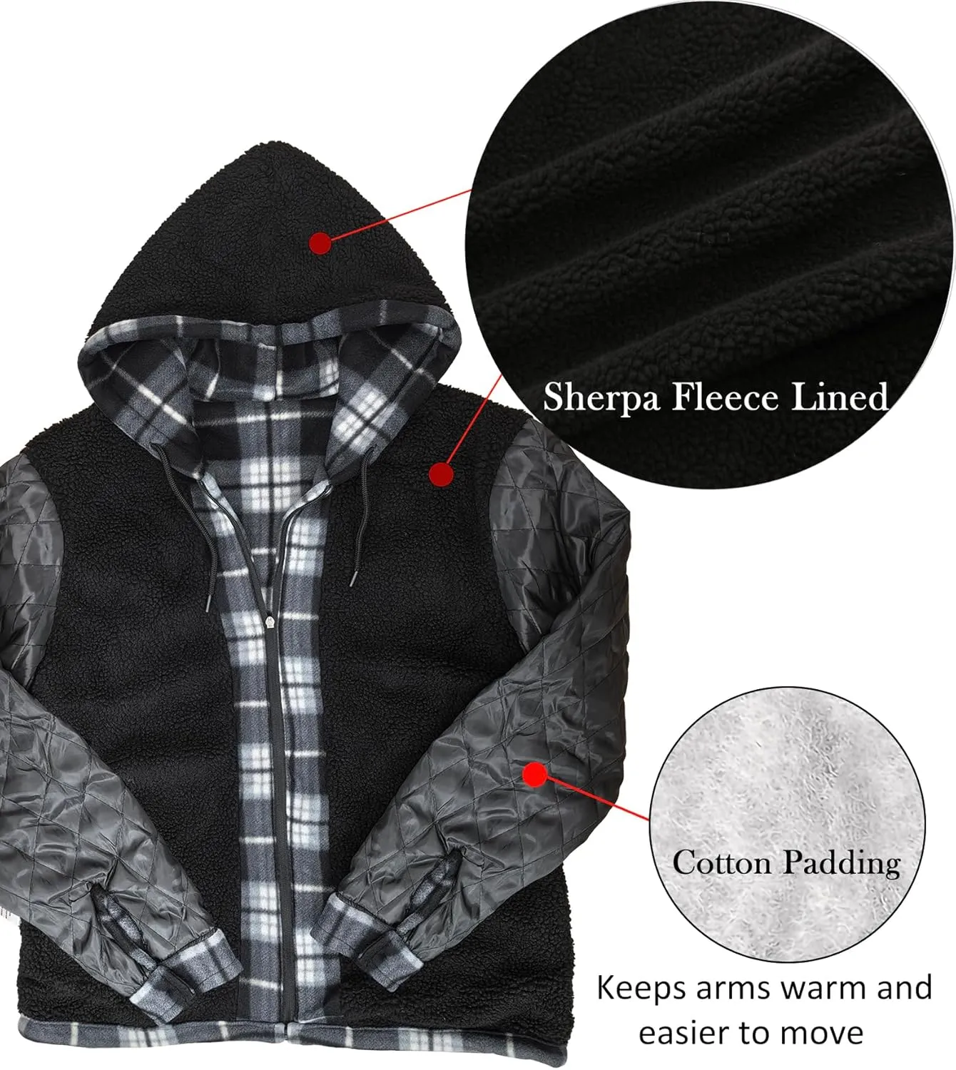 Men's Flannel Jacket Hoodie Full Zip Up Plaid Thick Fleece Sherpa Lined Sweatshirt Winter Warm Coats