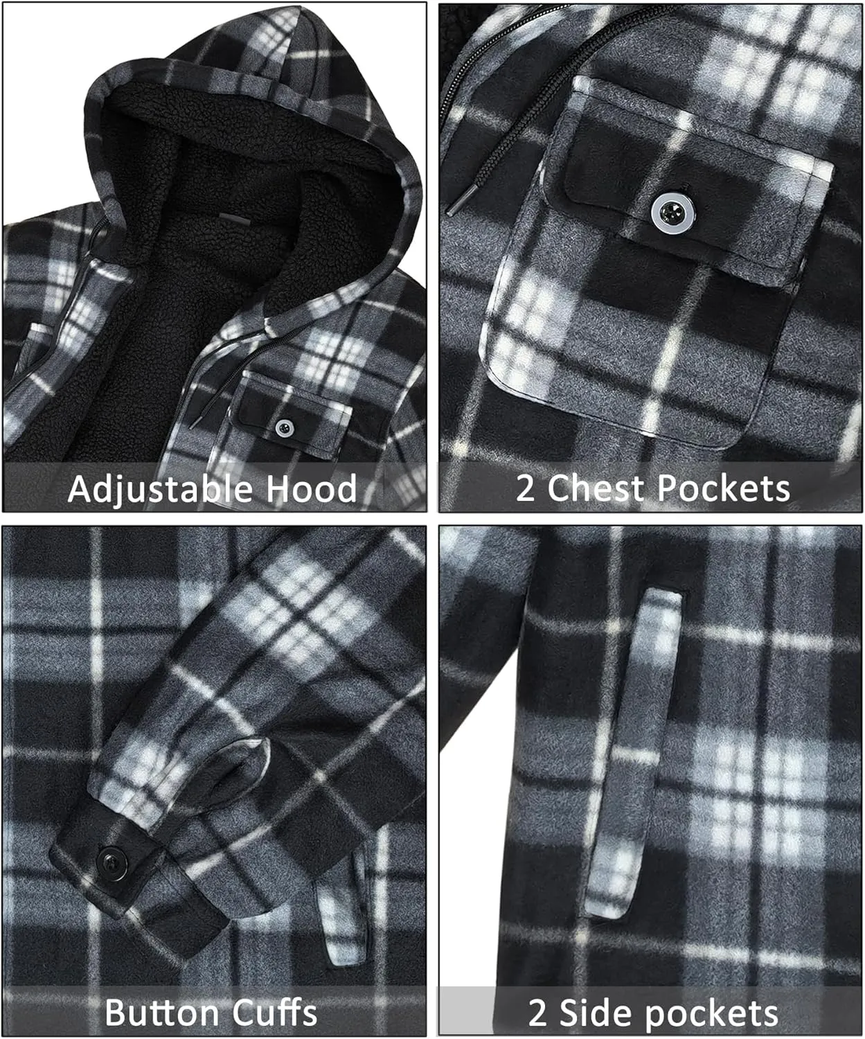 Men's Flannel Jacket Hoodie Full Zip Up Plaid Thick Fleece Sherpa Lined Sweatshirt Winter Warm Coats