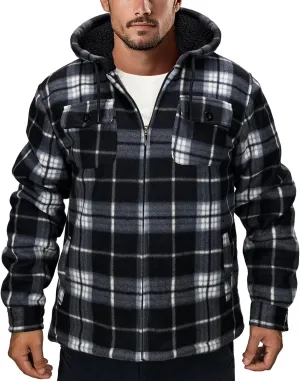 Men's Flannel Jacket Hoodie Full Zip Up Plaid Thick Fleece Sherpa Lined Sweatshirt Winter Warm Coats