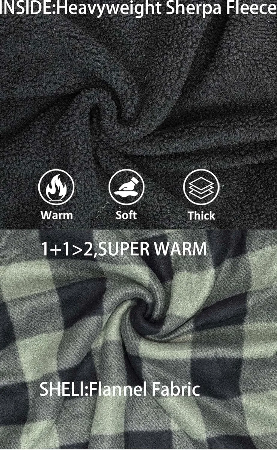 Men’s Winter Zip Up Hoodie Sherpa Fleece Plaid Jacket Drawstring Flannel Warm Sweatshirts Thick Heavyweight Coat