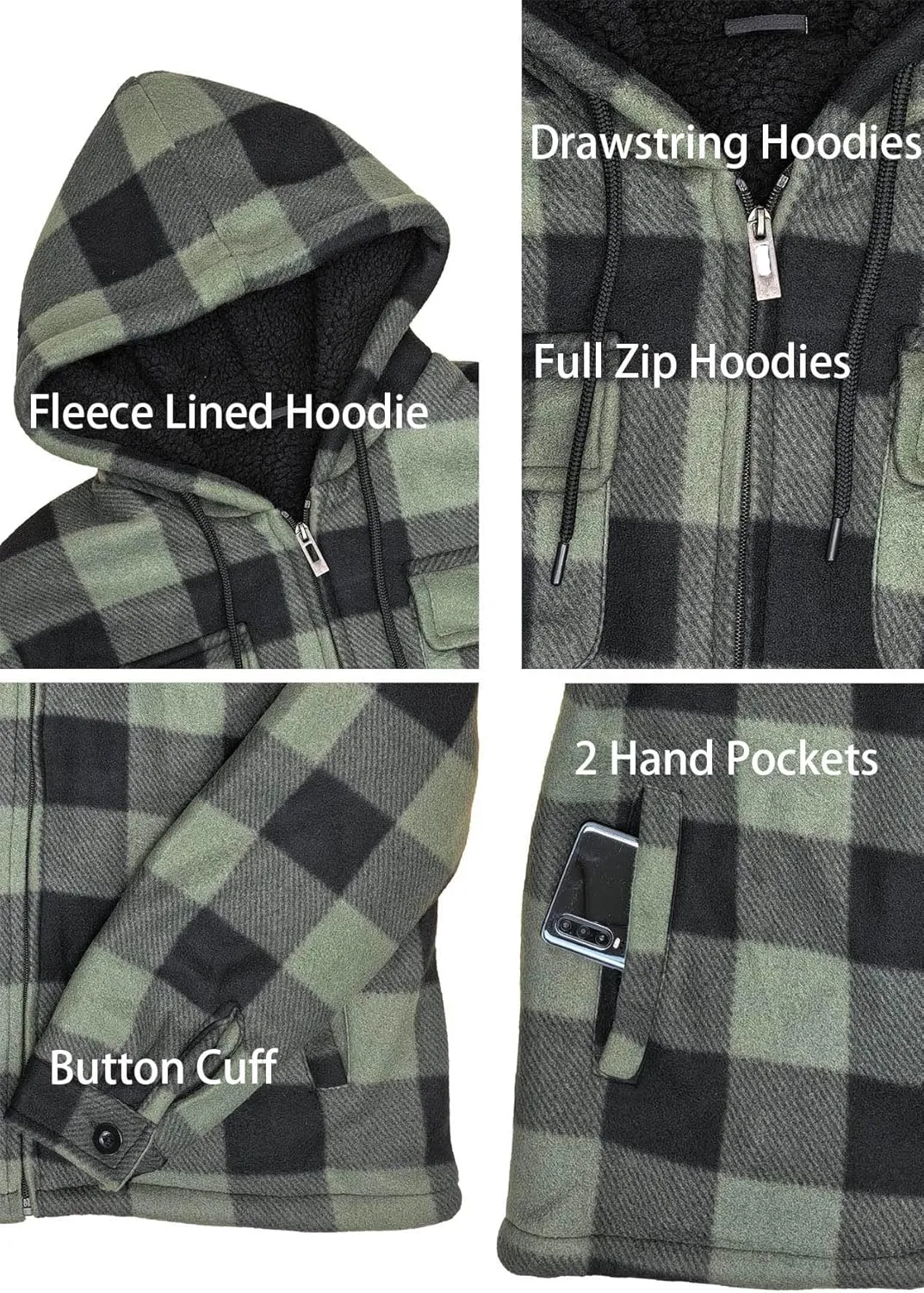 Men’s Winter Zip Up Hoodie Sherpa Fleece Plaid Jacket Drawstring Flannel Warm Sweatshirts Thick Heavyweight Coat