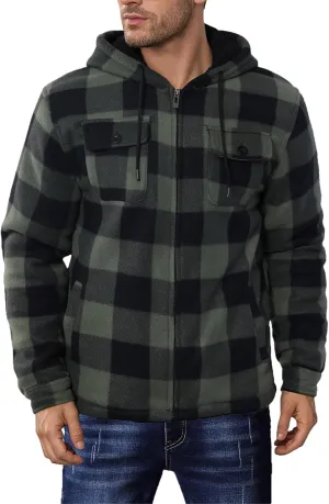 Men’s Winter Zip Up Hoodie Sherpa Fleece Plaid Jacket Drawstring Flannel Warm Sweatshirts Thick Heavyweight Coat