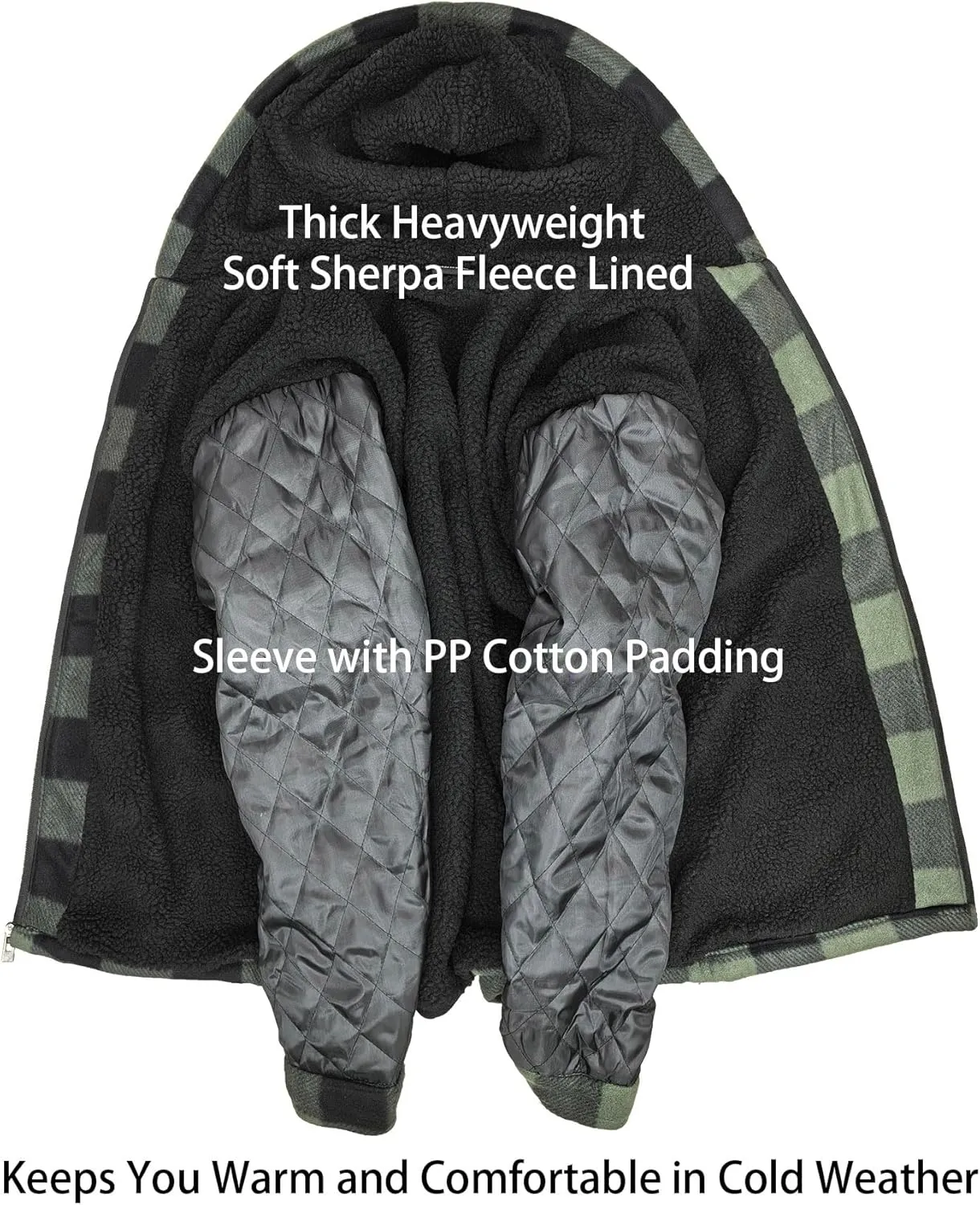 Men’s Winter Zip Up Hoodie Sherpa Fleece Plaid Jacket Drawstring Flannel Warm Sweatshirts Thick Heavyweight Coat