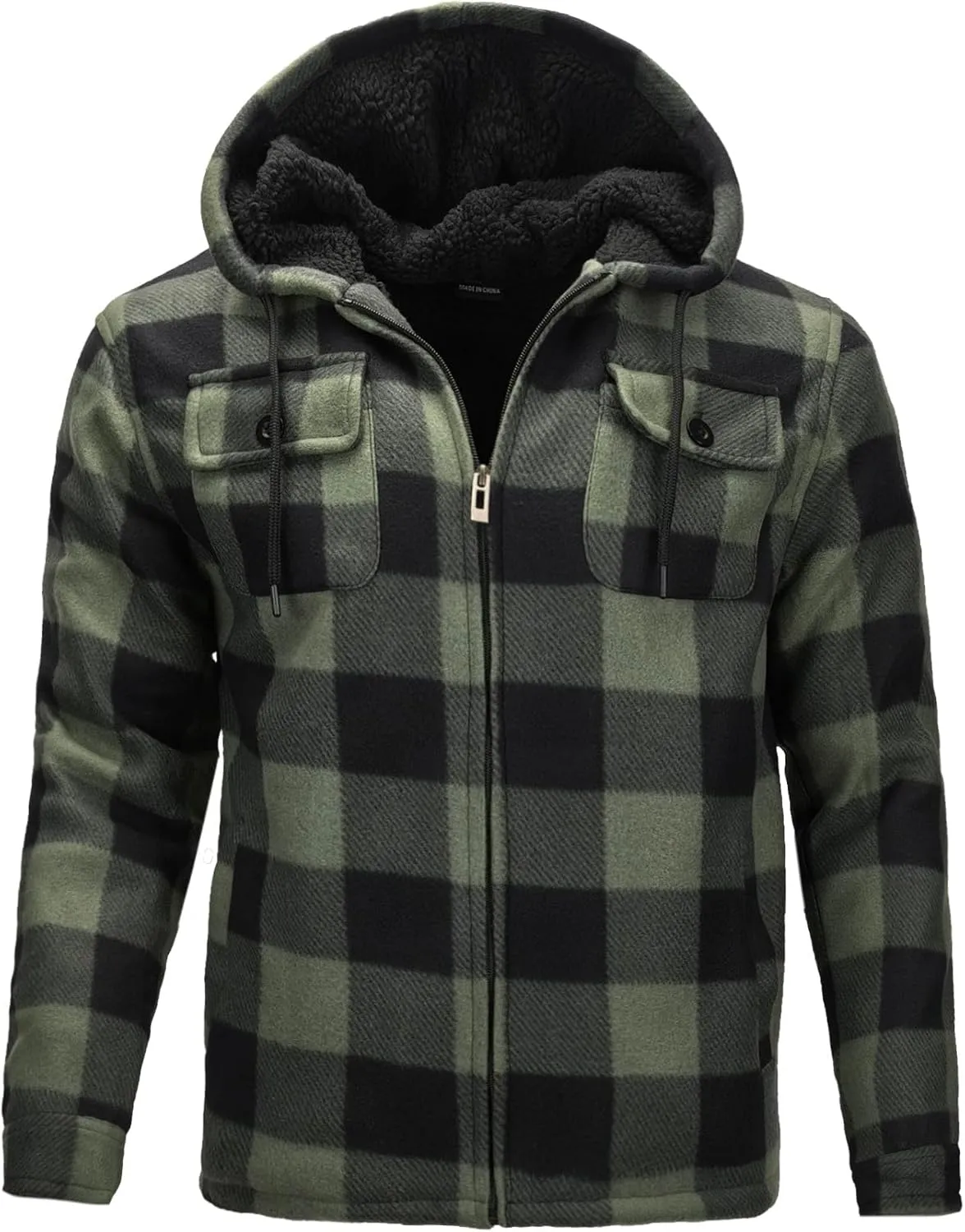 Men’s Winter Zip Up Hoodie Sherpa Fleece Plaid Jacket Drawstring Flannel Warm Sweatshirts Thick Heavyweight Coat