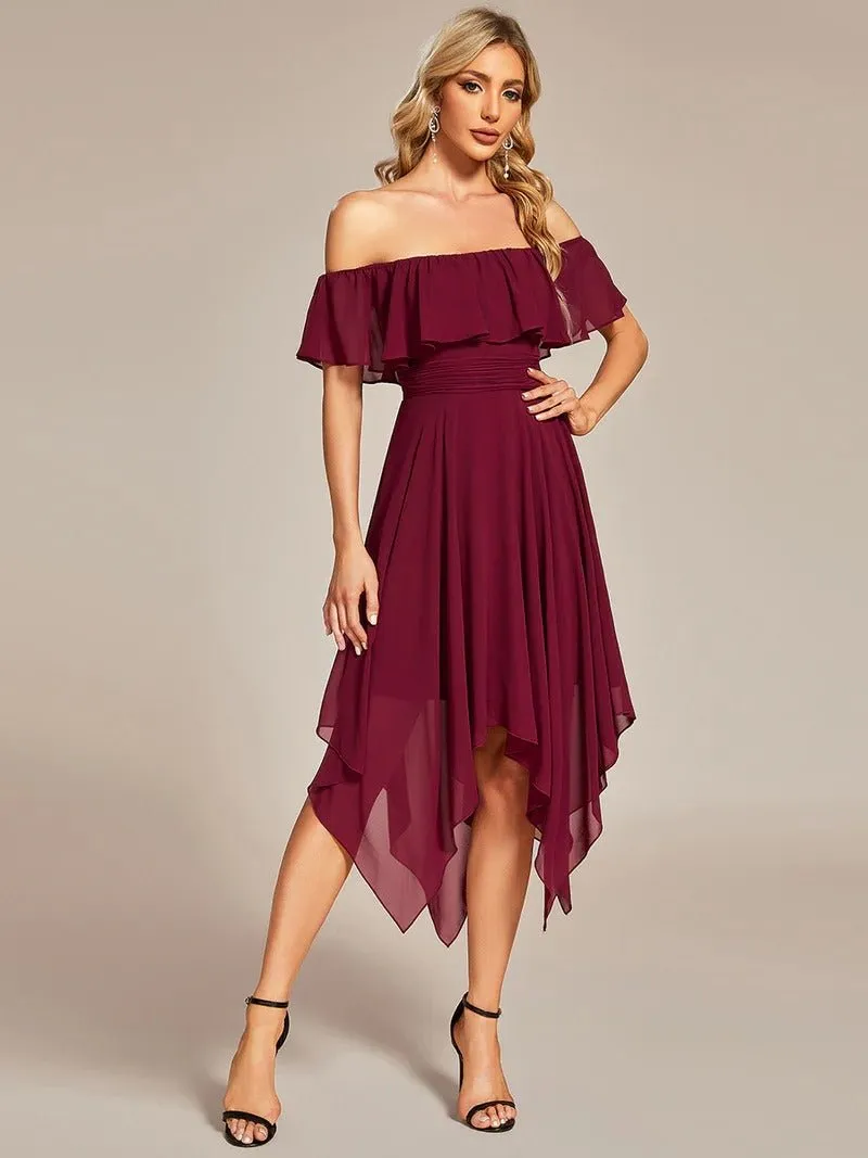 Off Shoulder Asymmetrical Hem Chiffon Evening Dress