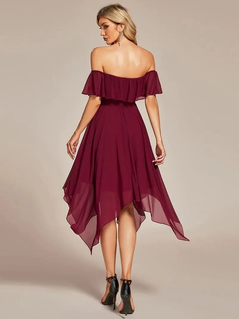 Off Shoulder Asymmetrical Hem Chiffon Evening Dress