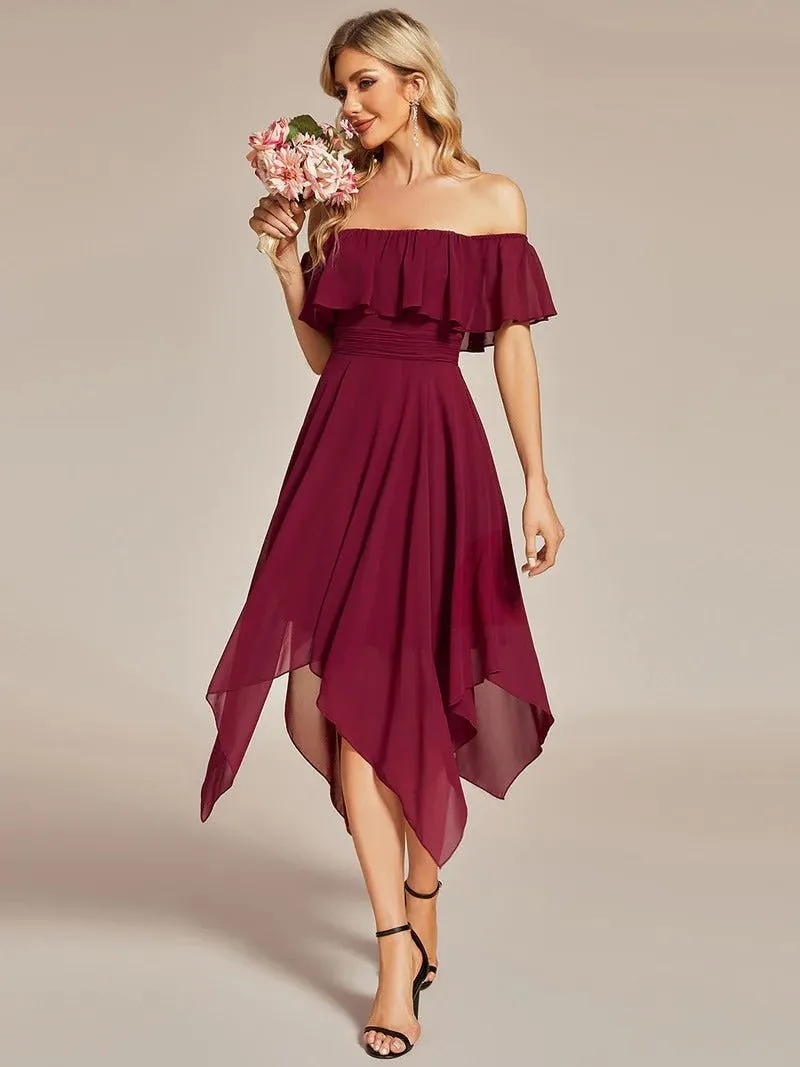 Off Shoulder Asymmetrical Hem Chiffon Evening Dress