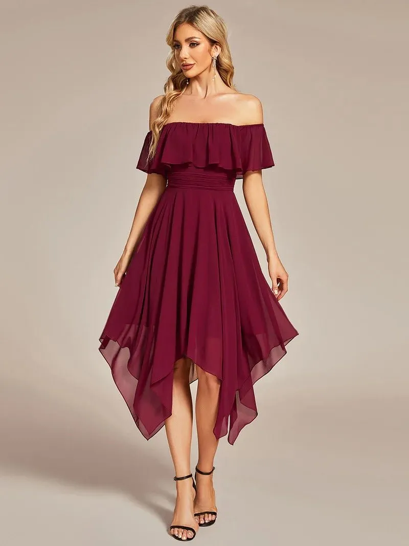 Off Shoulder Asymmetrical Hem Chiffon Evening Dress