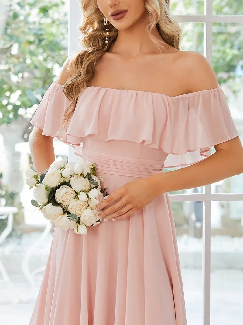 Off Shoulder Asymmetrical Hem Chiffon Evening Dress