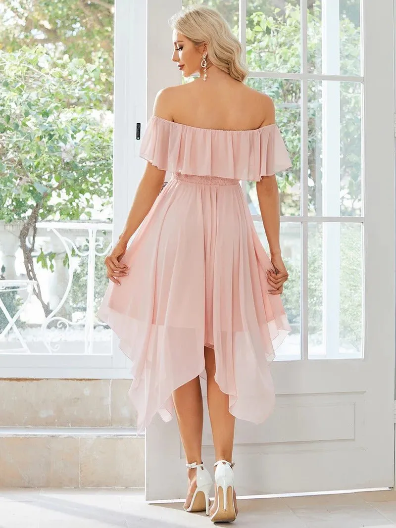 Off Shoulder Asymmetrical Hem Chiffon Evening Dress
