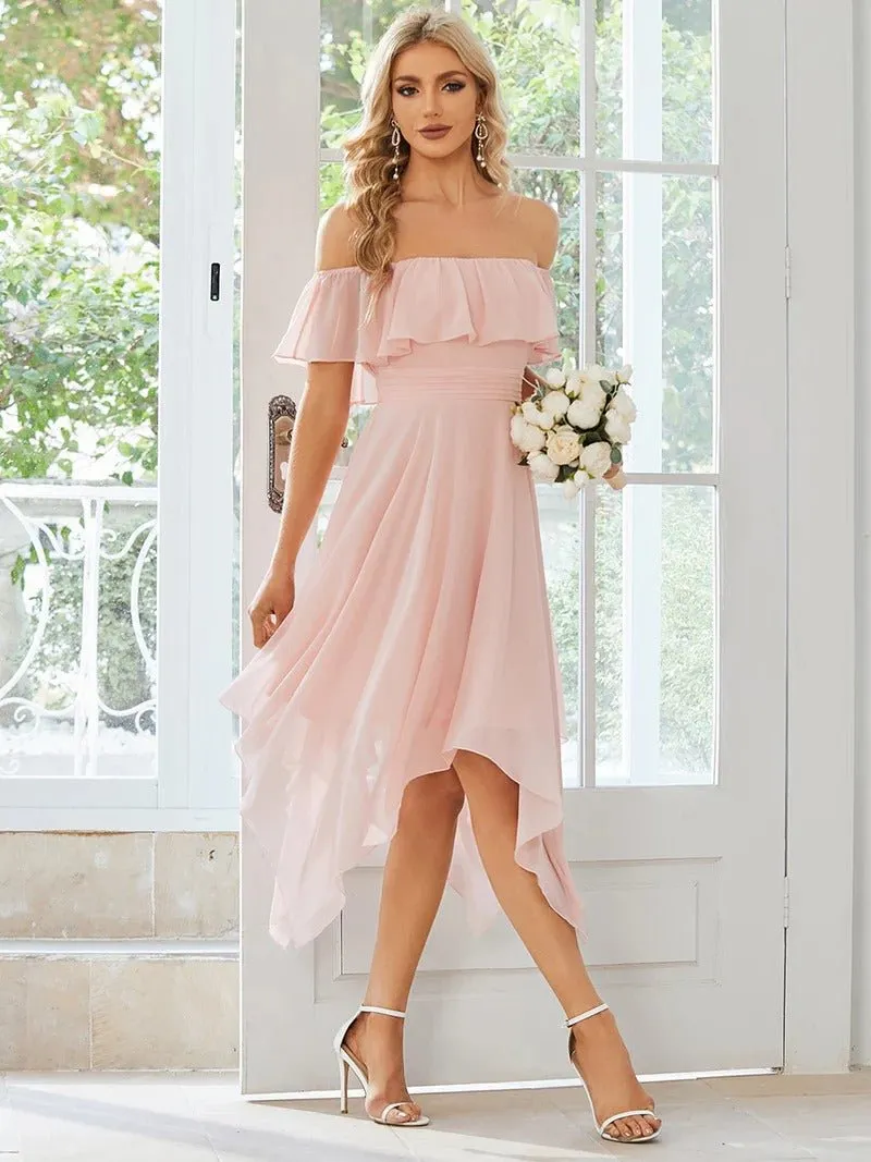 Off Shoulder Asymmetrical Hem Chiffon Evening Dress