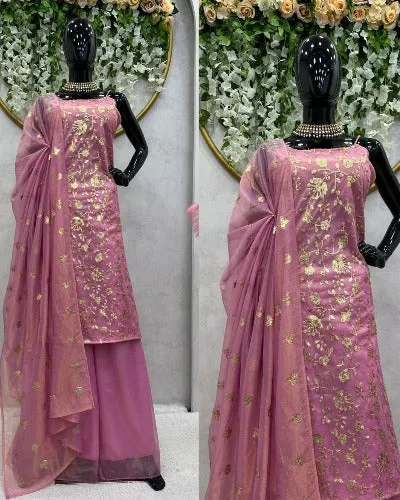 Pastel Pink Thread & Sequence Work Flair Palazzo Suit Set
