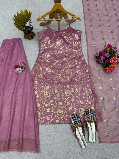 Pastel Pink Thread & Sequence Work Flair Palazzo Suit Set