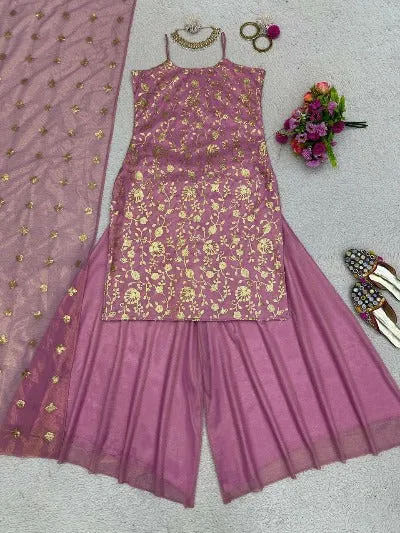Pastel Pink Thread & Sequence Work Flair Palazzo Suit Set