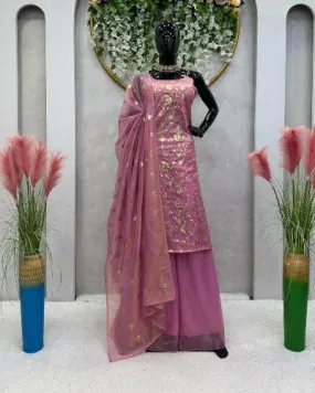 Pastel Pink Thread & Sequence Work Flair Palazzo Suit Set