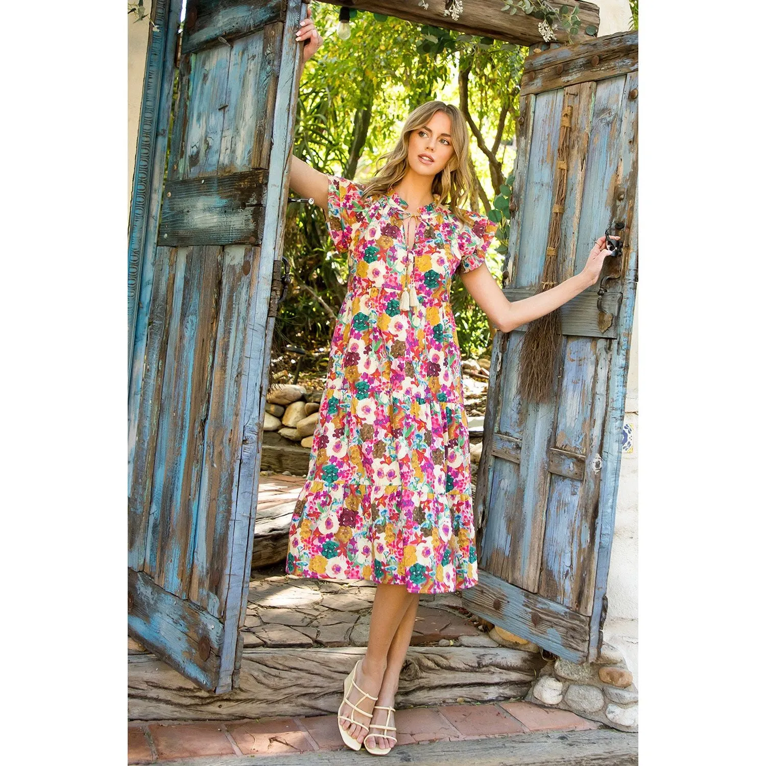 Phoebe Tassel Tie Tiered Print THML Dress