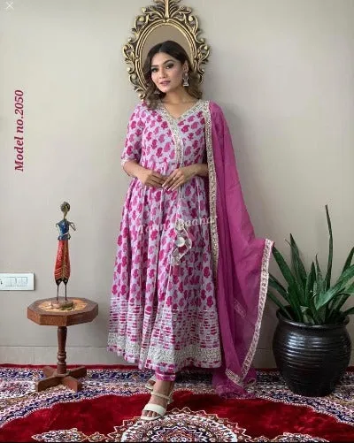 Pink Gotta Work Cotton Anarkali Suit Set