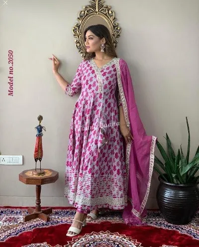 Pink Gotta Work Cotton Anarkali Suit Set