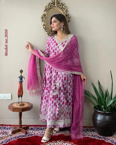 Pink Gotta Work Cotton Anarkali Suit Set